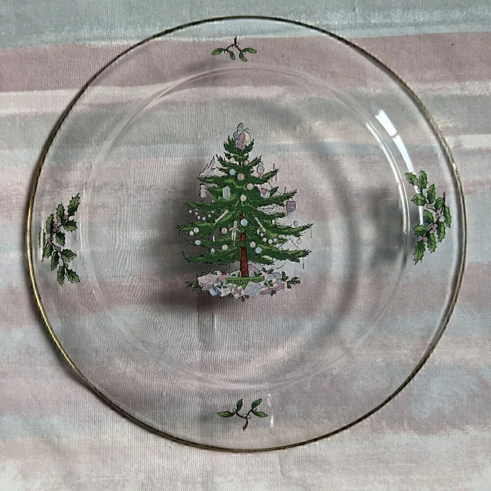 Vintage Arcoroc France Clear Glass Dish w Christmas Tree and Gold Trim